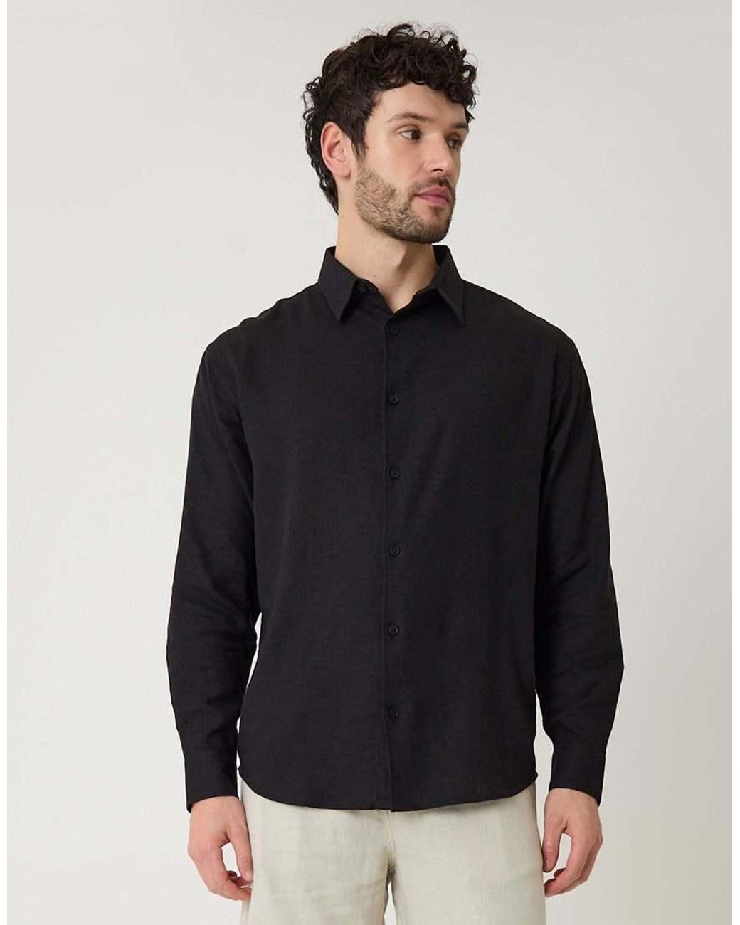 Threadbare Black Relaxed Fit Linen Blend Shirt for men