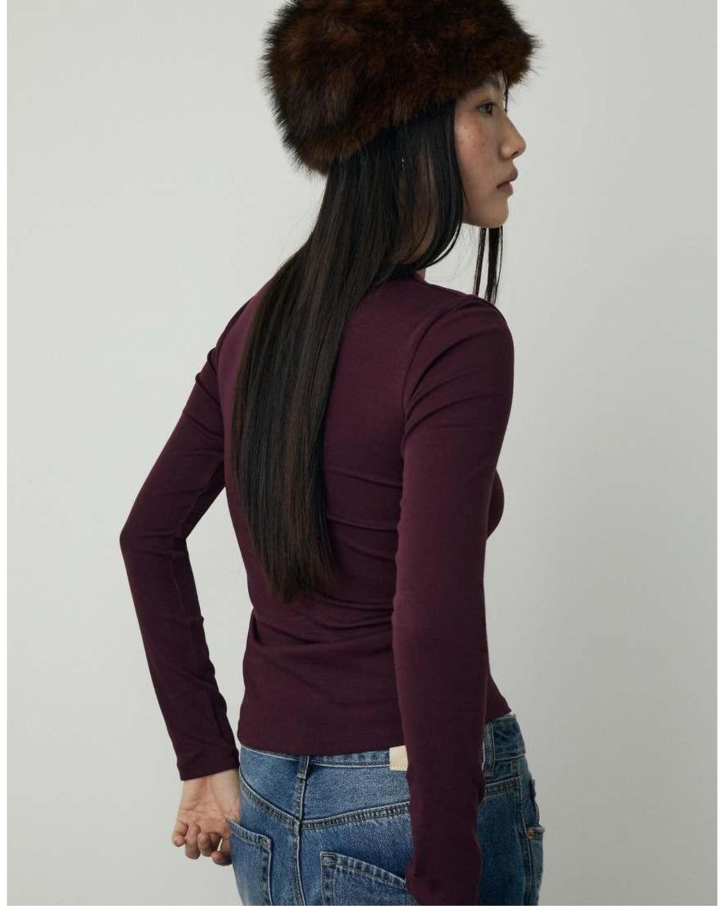 Stradivarius Purple Long Sleeve Basic T-shirt