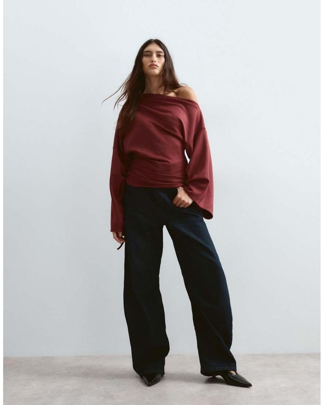 ARRANGE Red Jersey Off Shoulder Long Sleeve Top With Ruched Hem