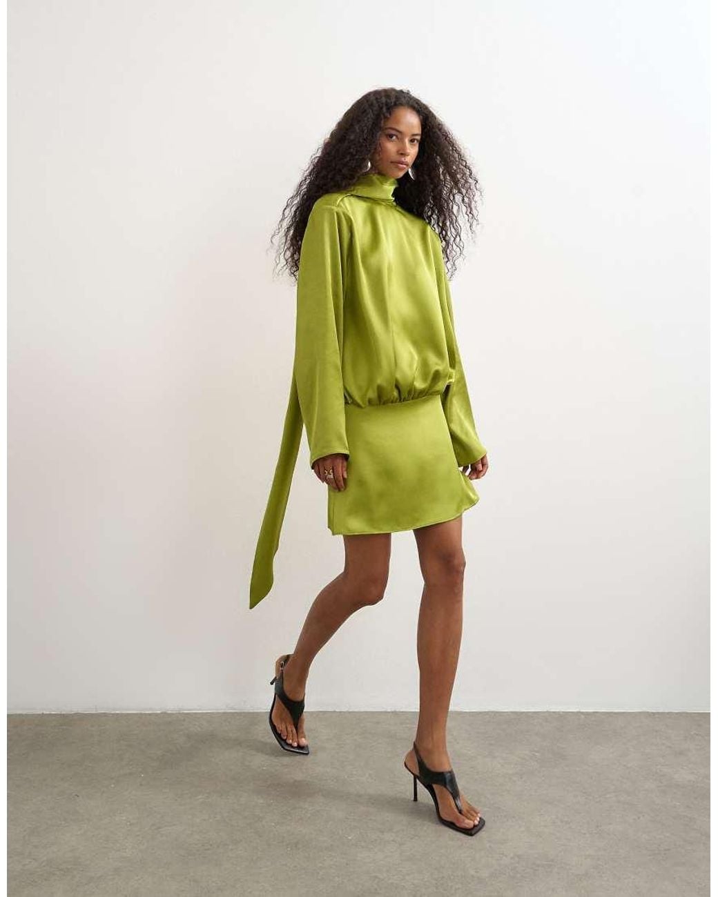 TOPSHOP Green High Scarf Tie Neck Satin Mini Dress