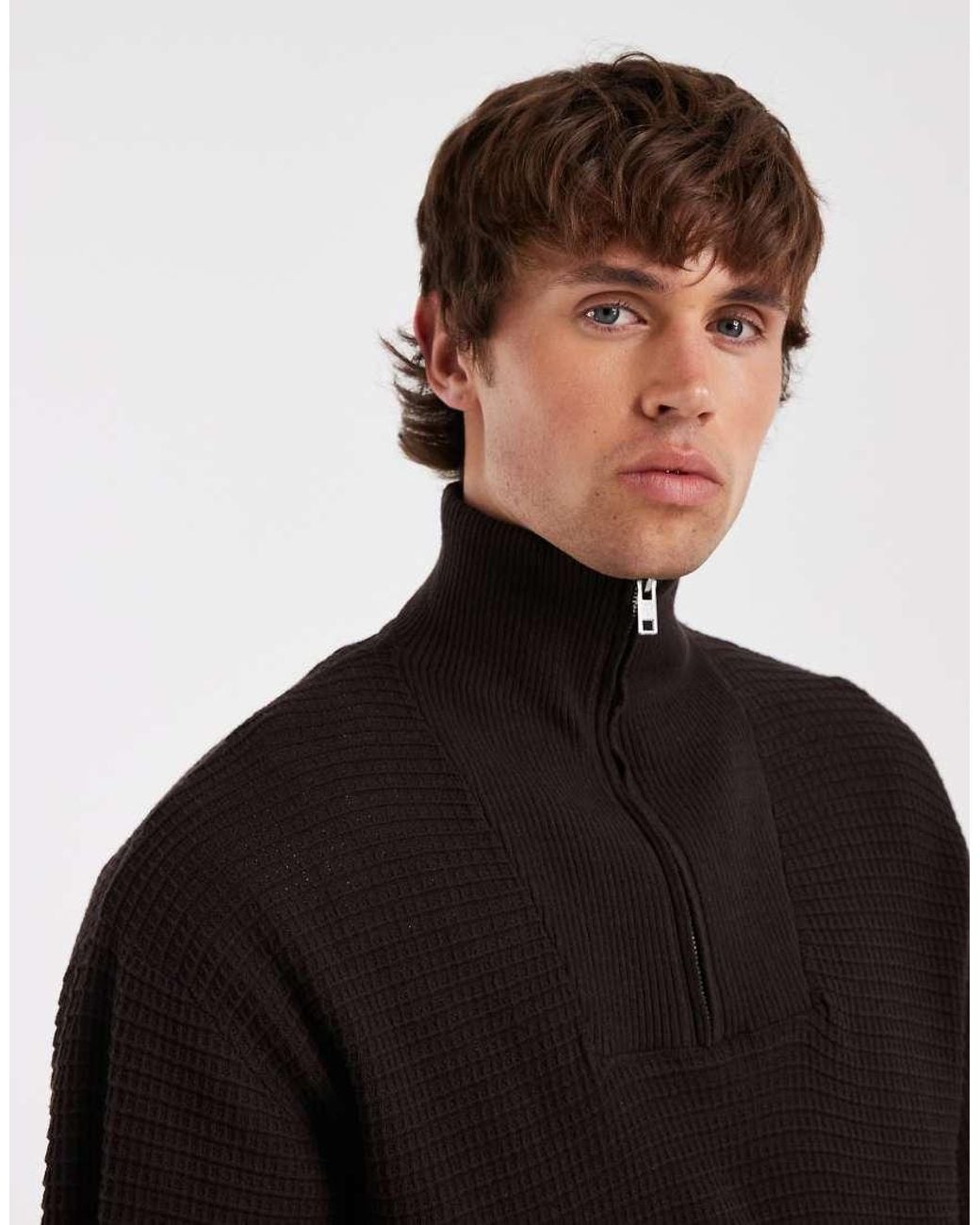 Redefined Rebel Black Knitted Quarter Zip Sweatshirt for men