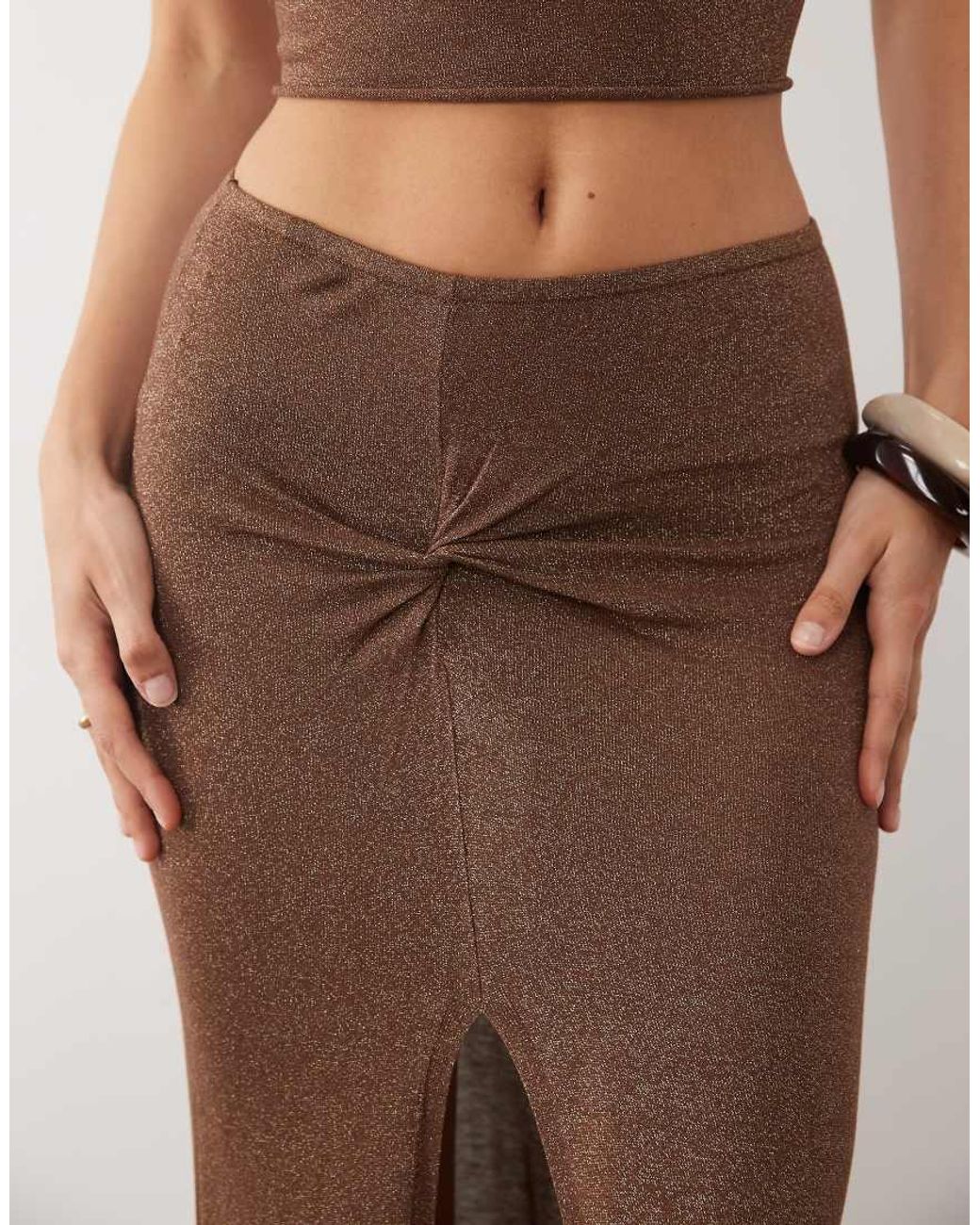 Miss Selfridge Natural Glitter Knit Twist Detail Maxi Skirt