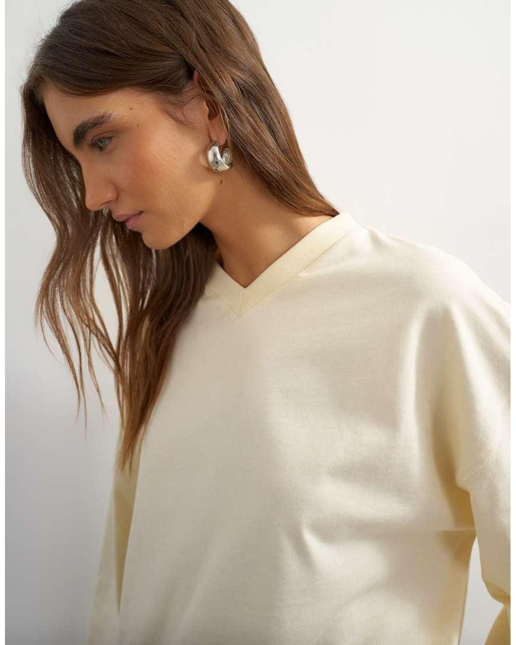 TOPSHOP Natural V Neck Long Sleeve Skater Top