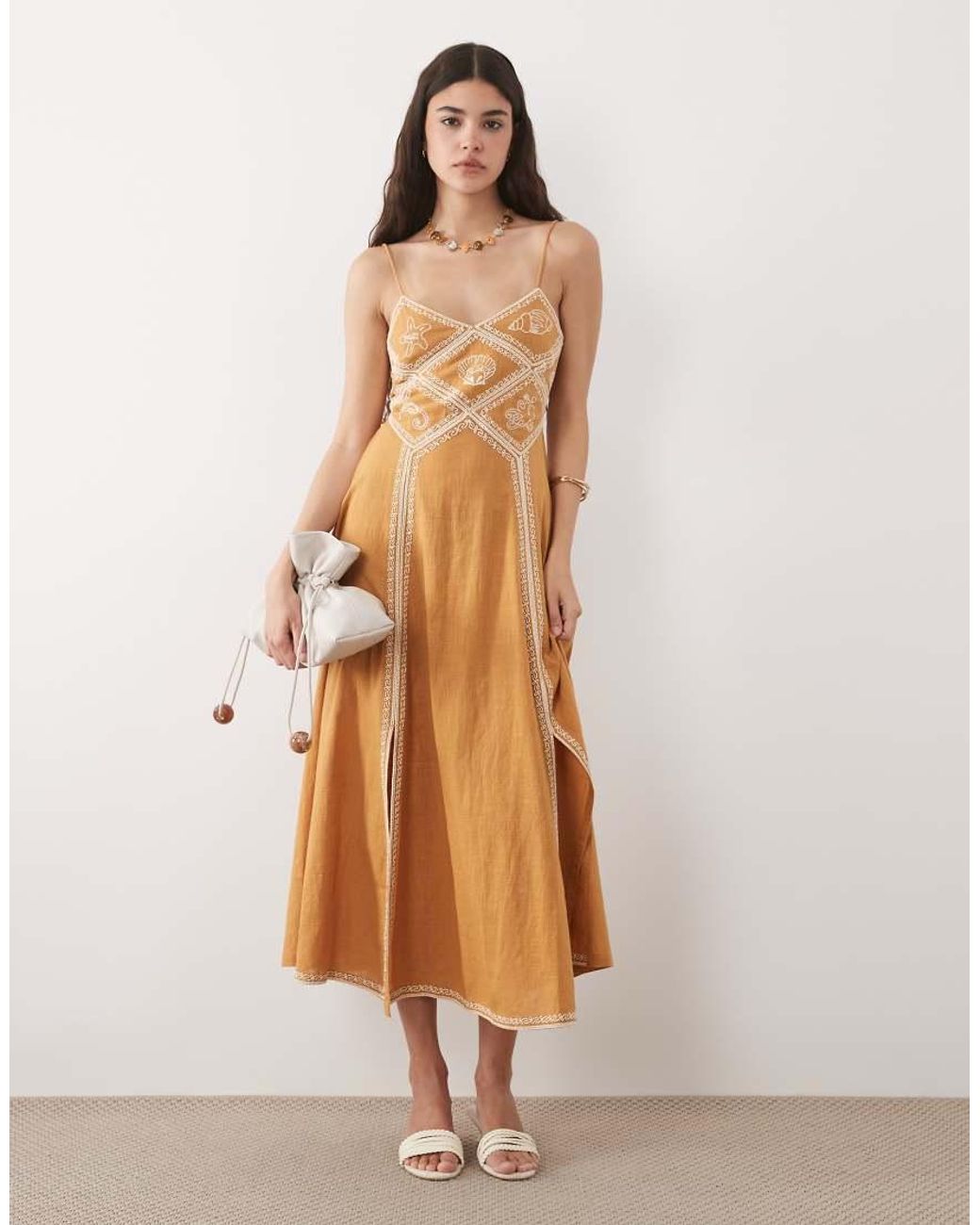 New Look Brown Shell Embroidered Midi Dress