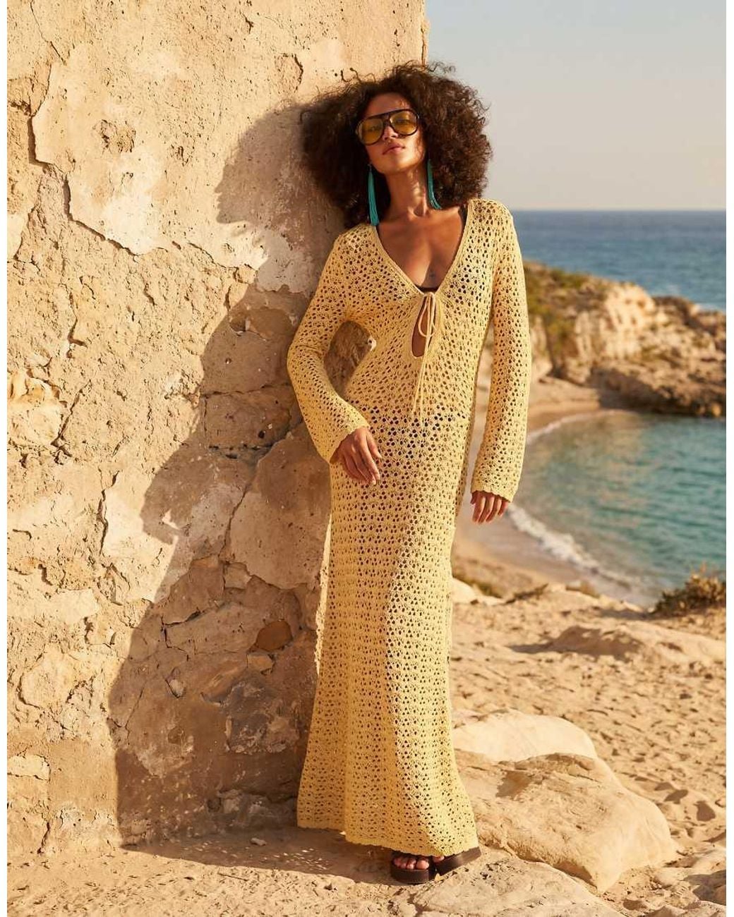 Noughts & Kisses Metallic Scoop Neck Crochet Long Sleeve Maxi Dress