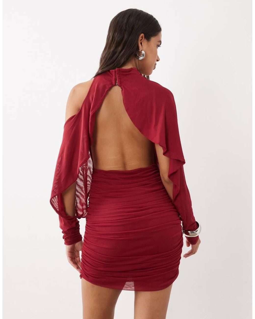 ASOS Red Mesh Asymmetric Ruched Mini Dress With Batwing Sleeve