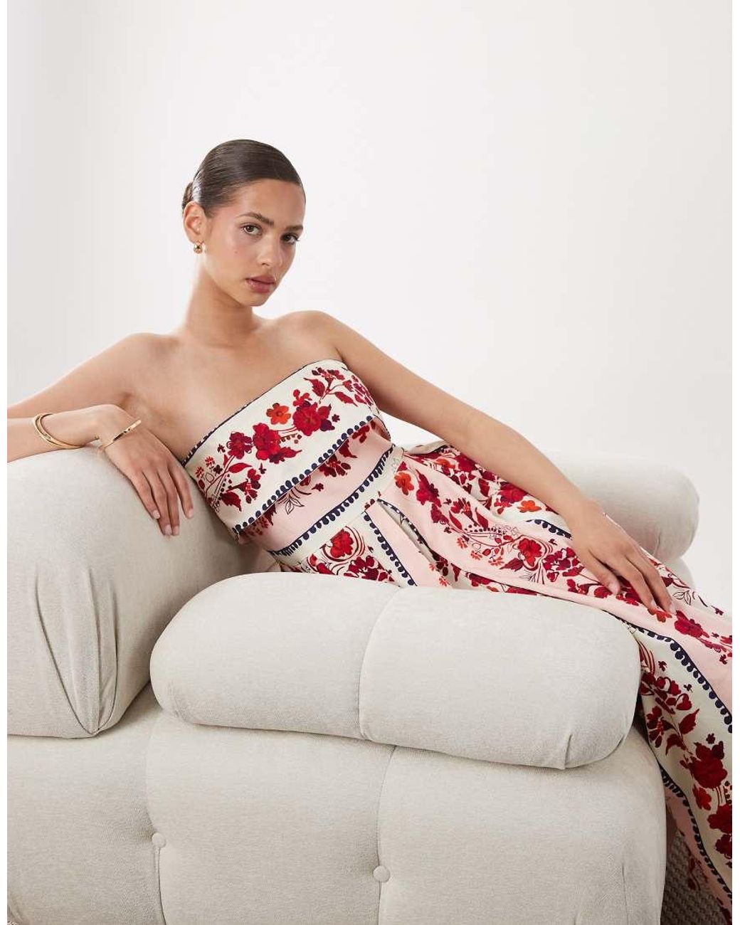 Hope & Ivy White Strapless Bandeau Contrast Floral Panel Midi Dress
