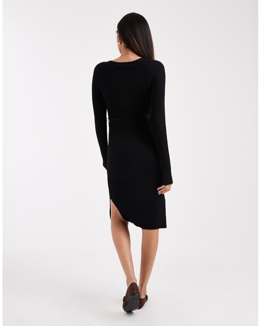 Vero Moda Black Rib Knitted Long Sleeve Midi Dress With Belt Detail