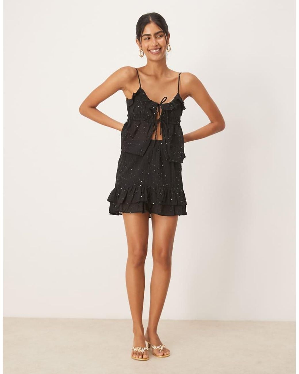 Pimkie Black Sequin Detail Ruffle Tie Front Cami Top Co-ord