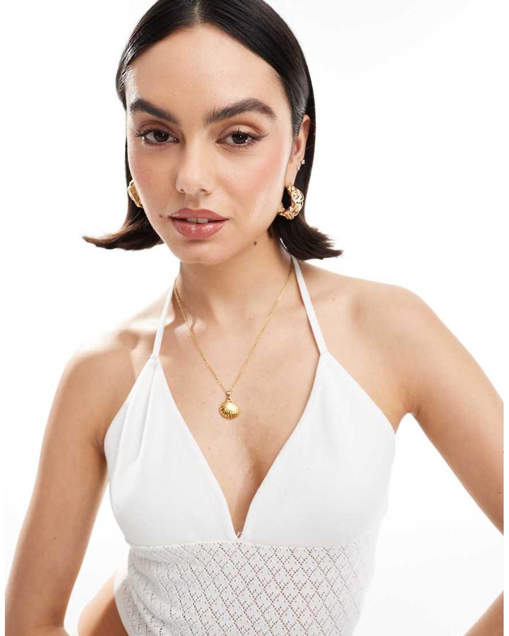 4th & Reckless White Knitted Halterneck Tie Back Beach Cami Top