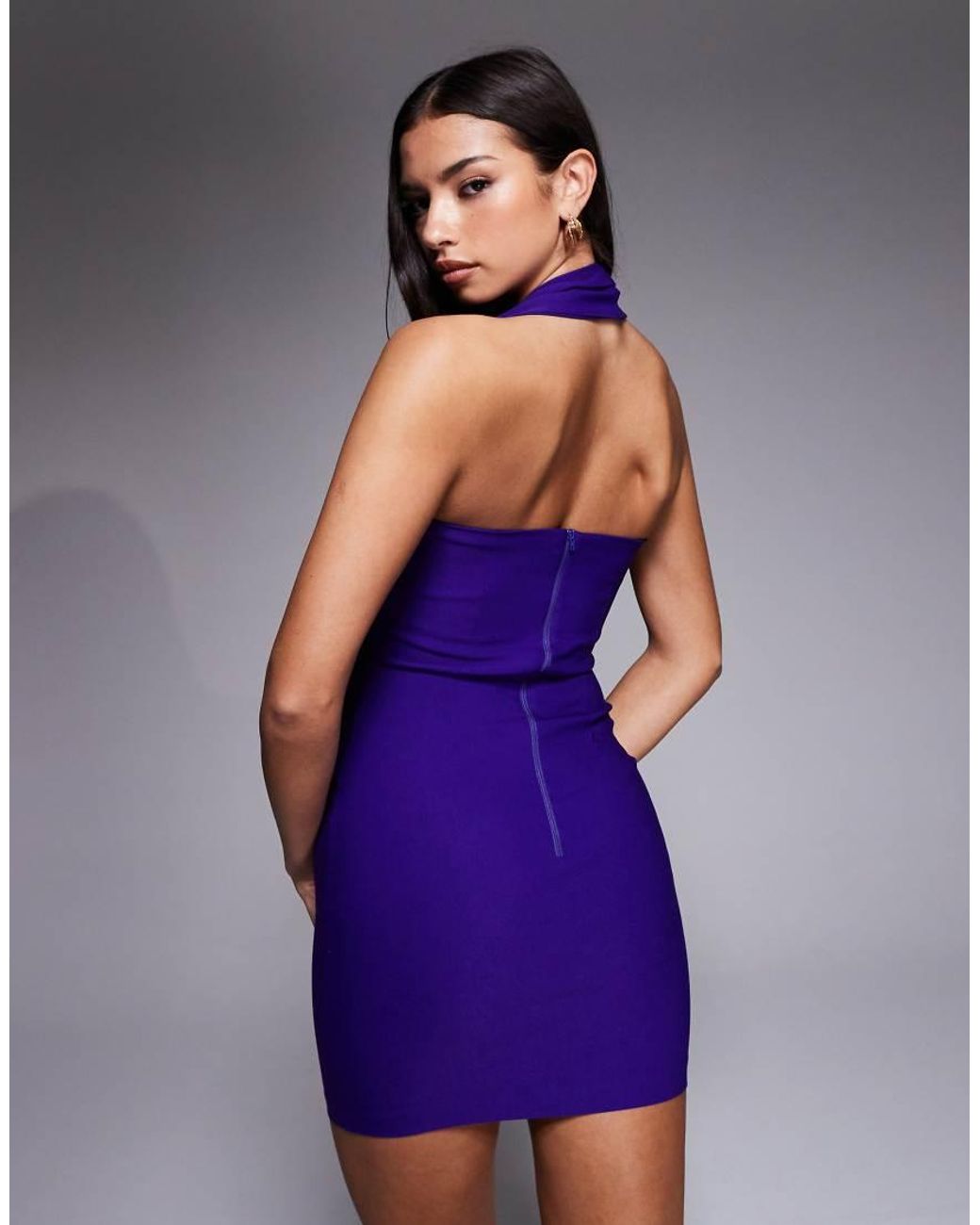 Vesper Purple Bengaline Halterneck Bodycon Mini Dress