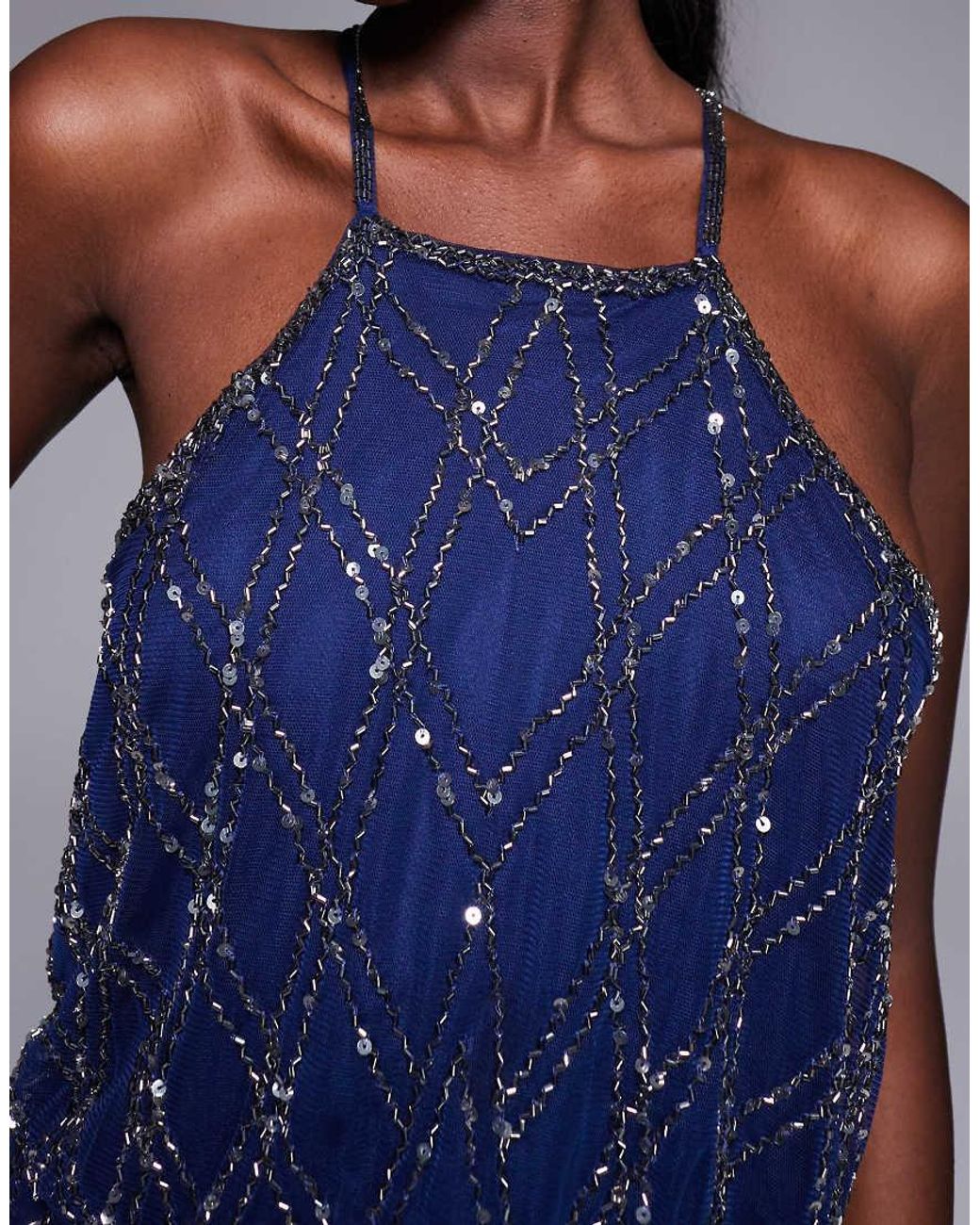 Goddiva Blue Racer Neck Sleeveless Hand Embellished Sequin Maxi Dress