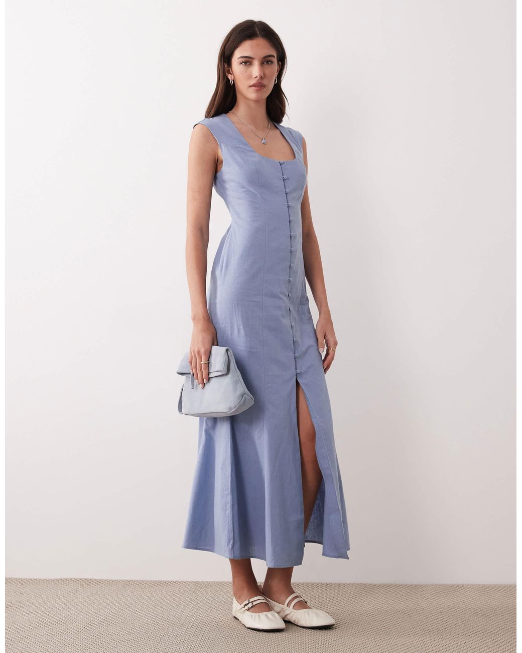 ASOS Blue Square Neck Button Down Midi Sundress