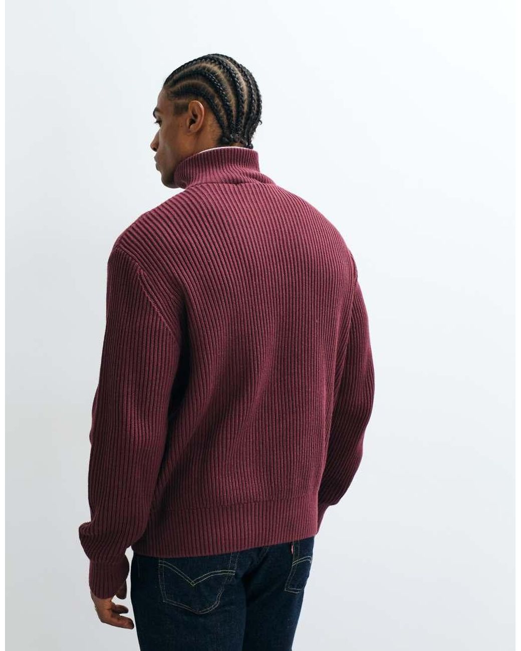 SELECTED Red 100% Cotton High Neck 1/4 Zip Knitted Sweater for men