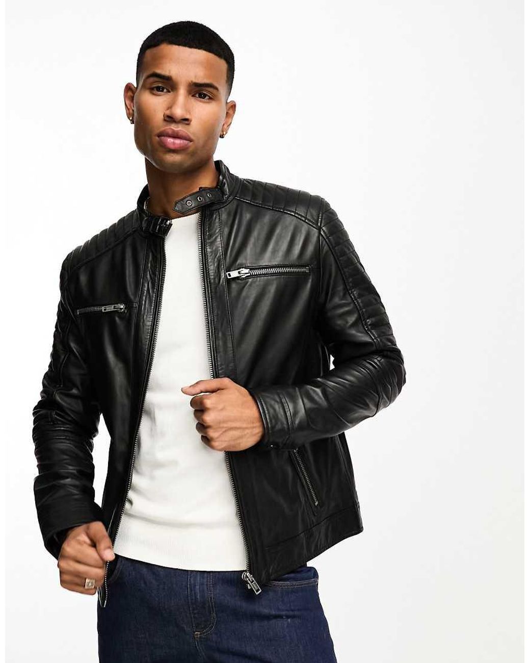 Barney's Originals Blue Real Leather Racing Jacket With Zip Pockets for men