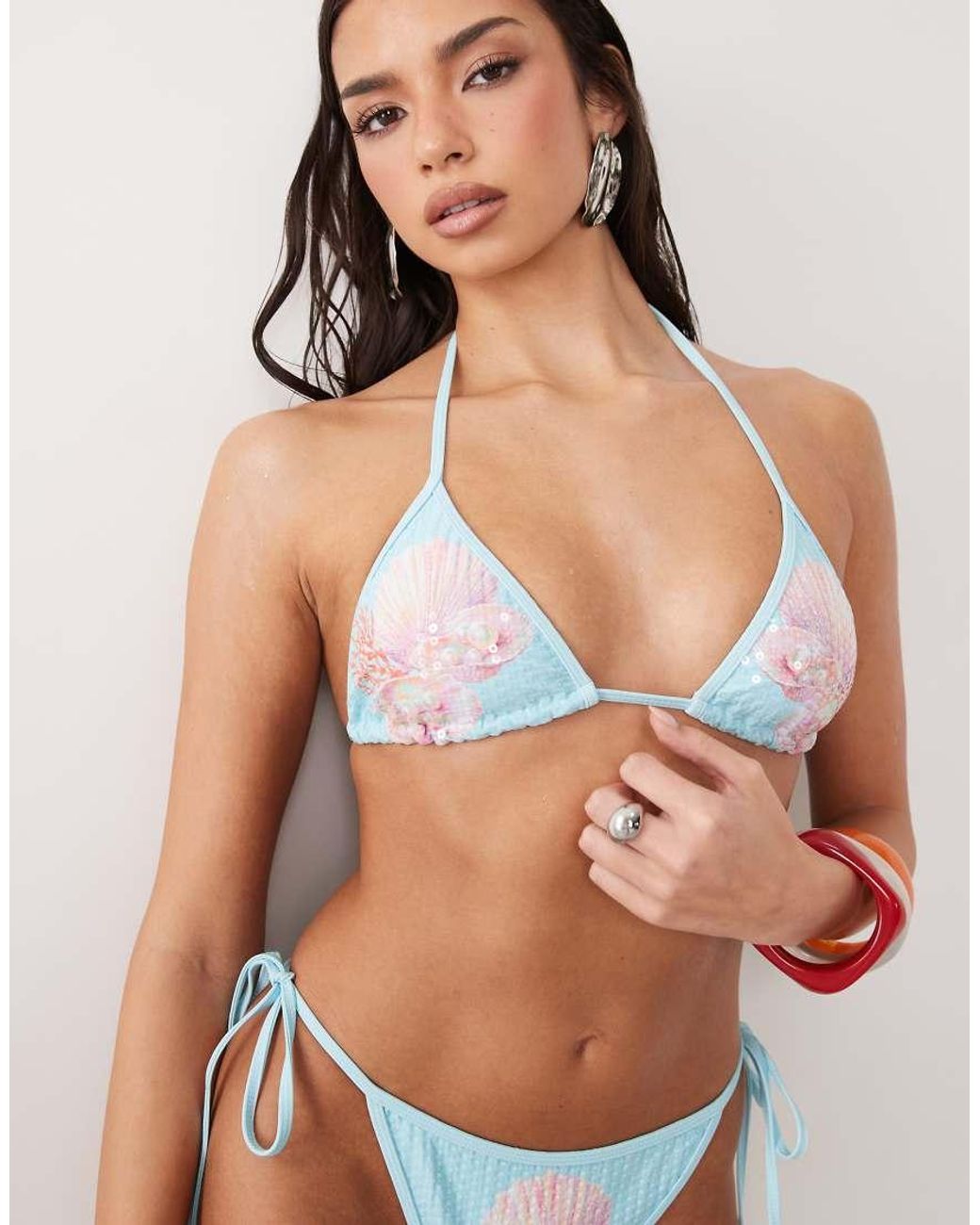 South Beach Blue Pink Shell Print Triangle Bikini Top