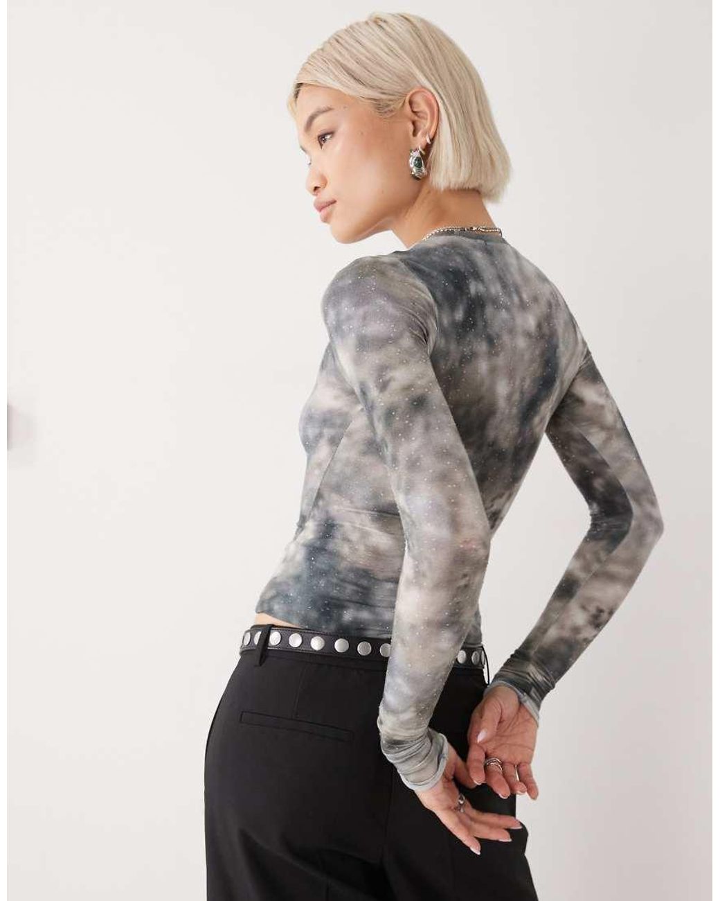 Weekday Gray Long Sleeve Top With Rhinestone Detail