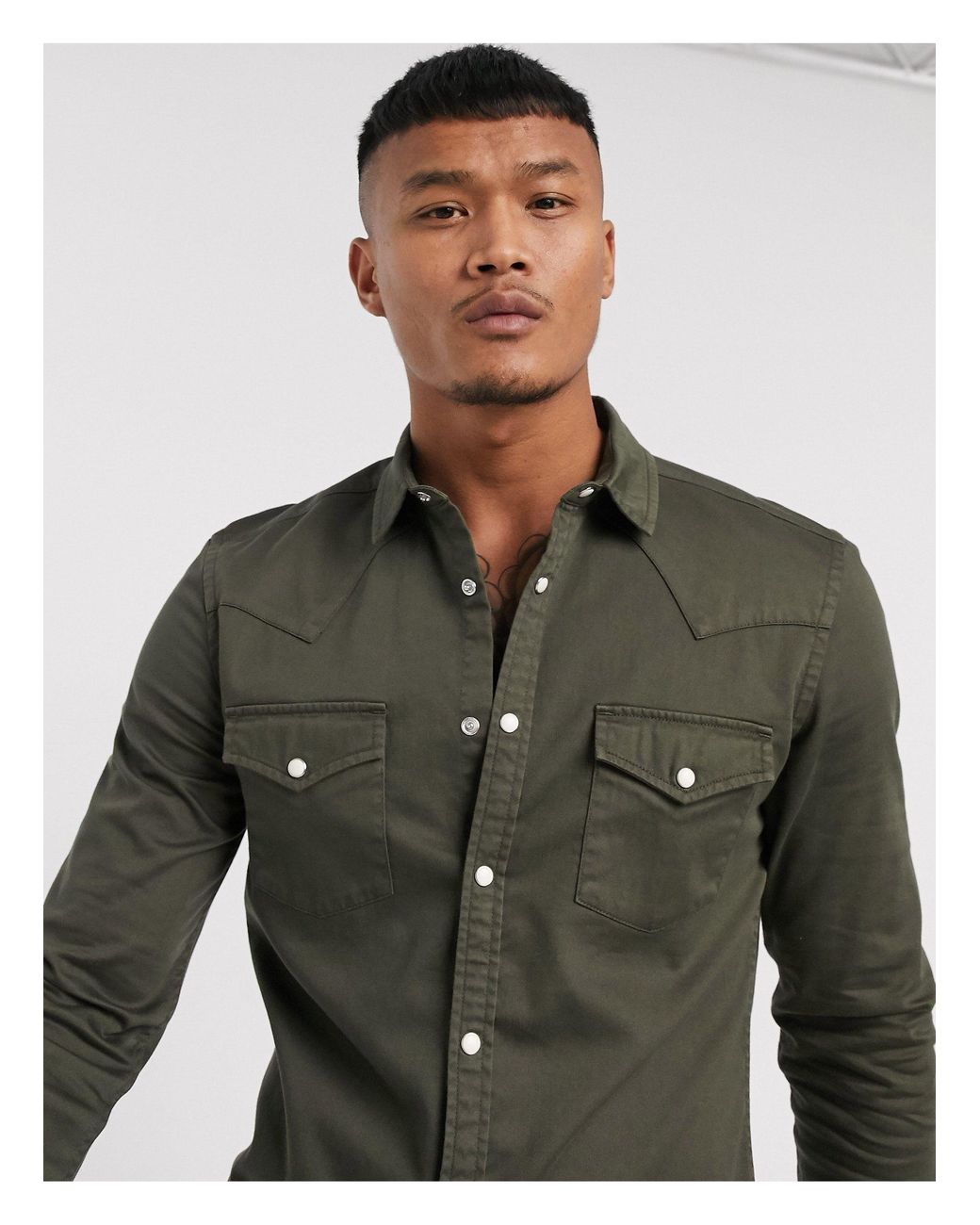 Chemise ajustée en jean style western - kaki ASOS pour homme en coloris  Vert | Lyst