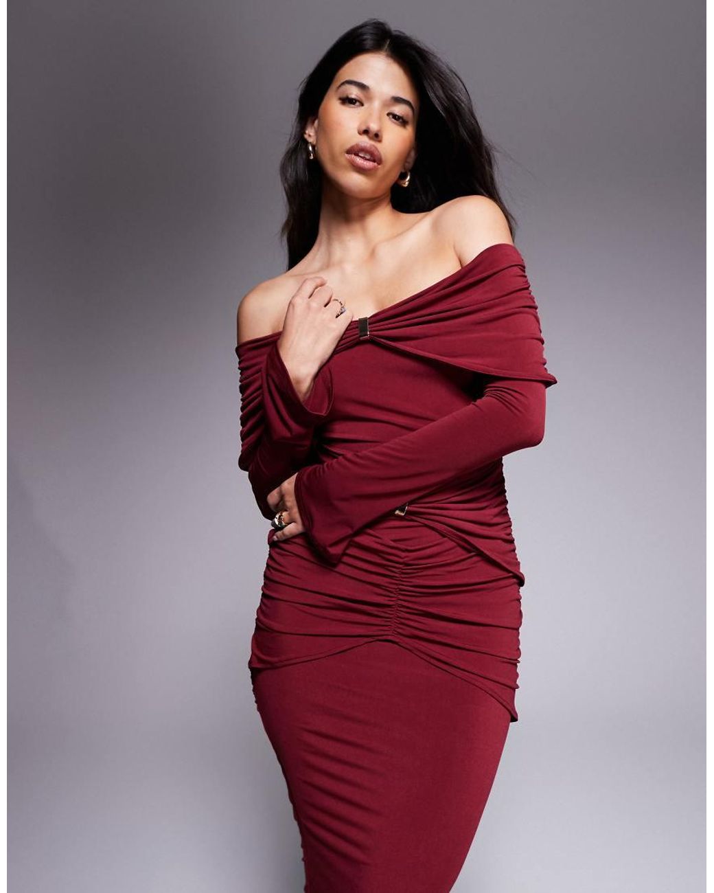 Ruched & Ready Red Sculpted Off Shoulder Gold Hardware Ruched Detail Bodycon Maxi Dress