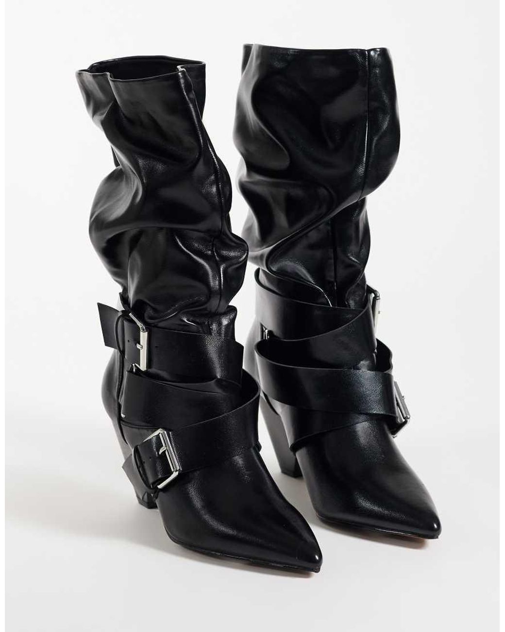 ASOS Black Cade Buckle Detail Heeled Slouch Boots