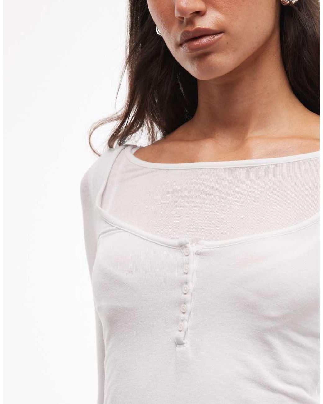 Weekday White Three Quarter Length Sleeve Henley Top With Layered Effect