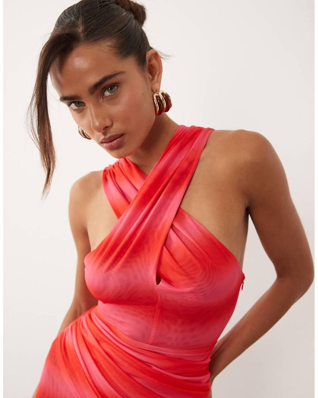 Ruched & Ready Red Mesh Cross Front Racer Drape Waist Detail Mini Dress
