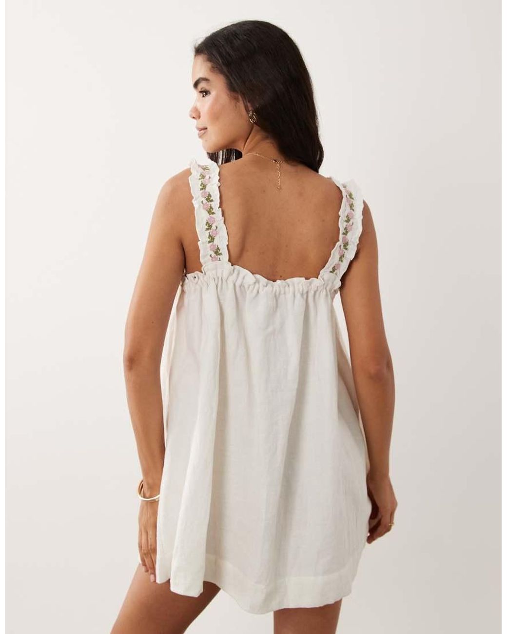 Muse Assembly Natural Mary Embroidered Smock Mini Dress