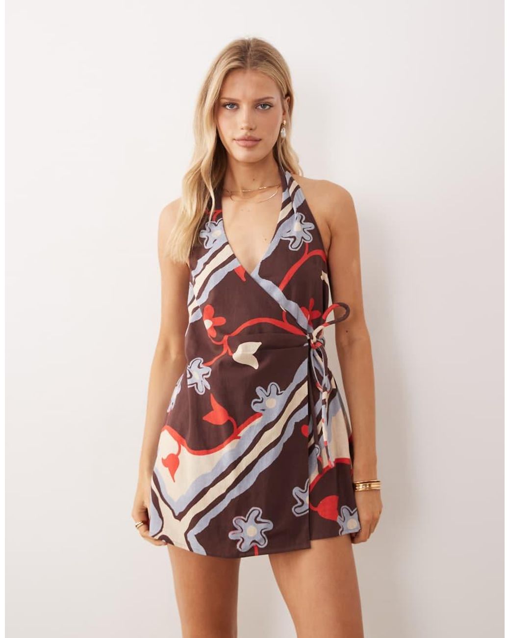 ASOS Multicolor Cotton Linen Halter Neck Wrap Mini Sundress