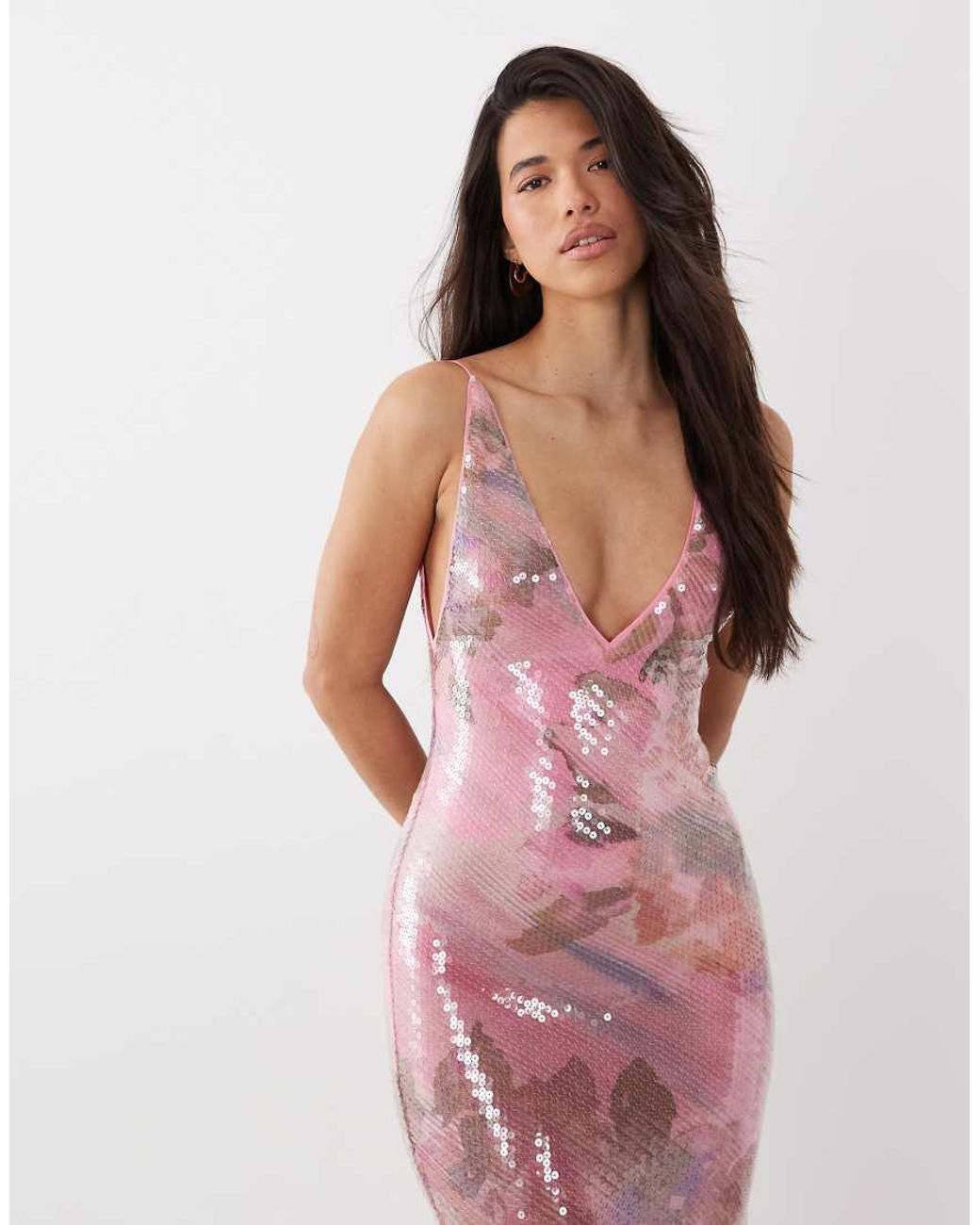 ASOS Pink Glass Sequin Deep Plunge Fishtail Maxi Dress