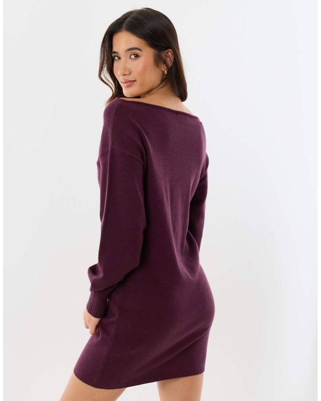 Threadbare Purple Slash Neck Mini Jumper Dress