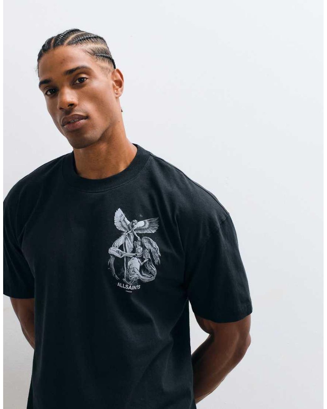 AllSaints Blue Seraph Short Sleeve Graphic Logo T-shirt With Back Print for men