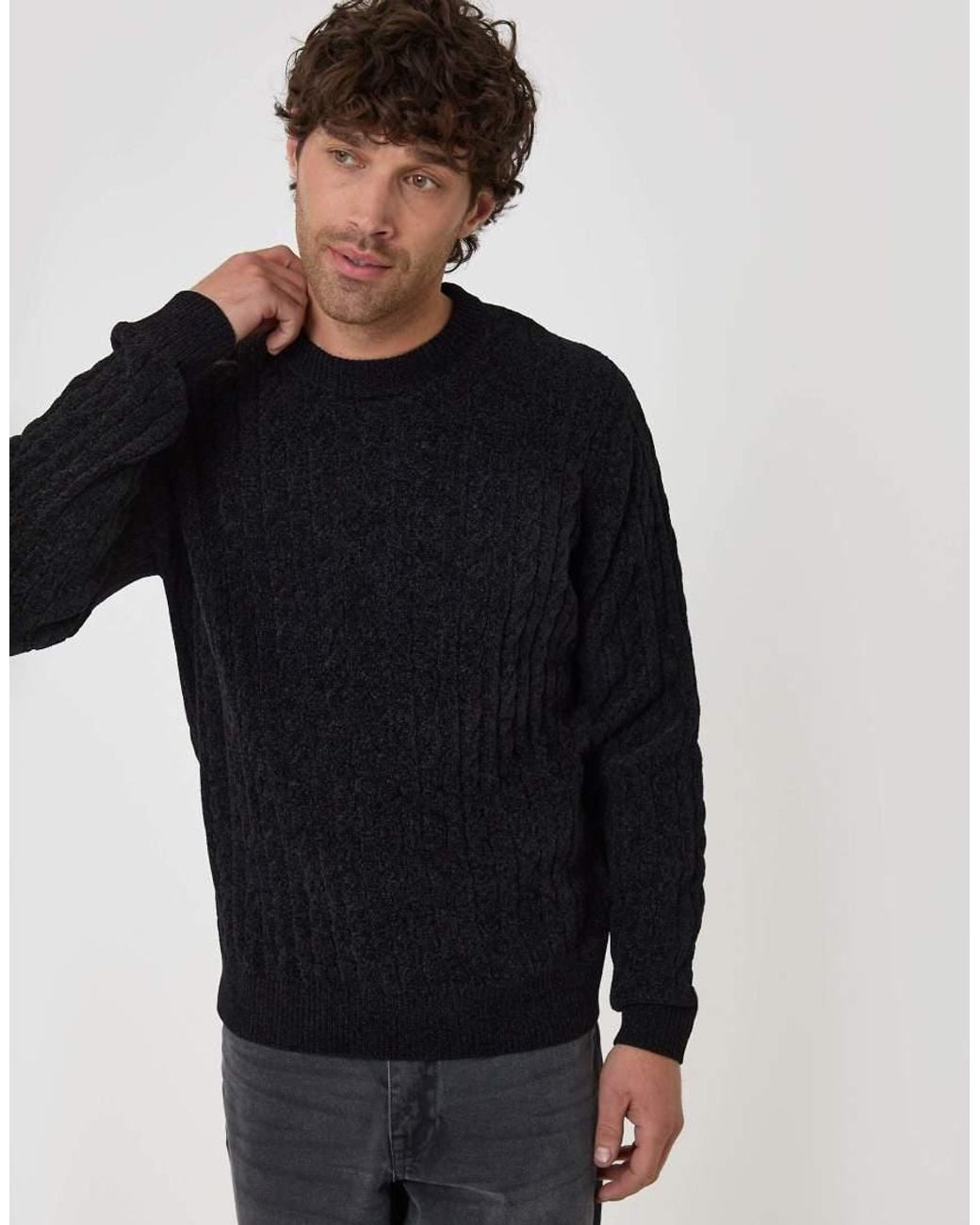 Threadbare Black Fluffy Cable Knit Crew Neck Jumper for men