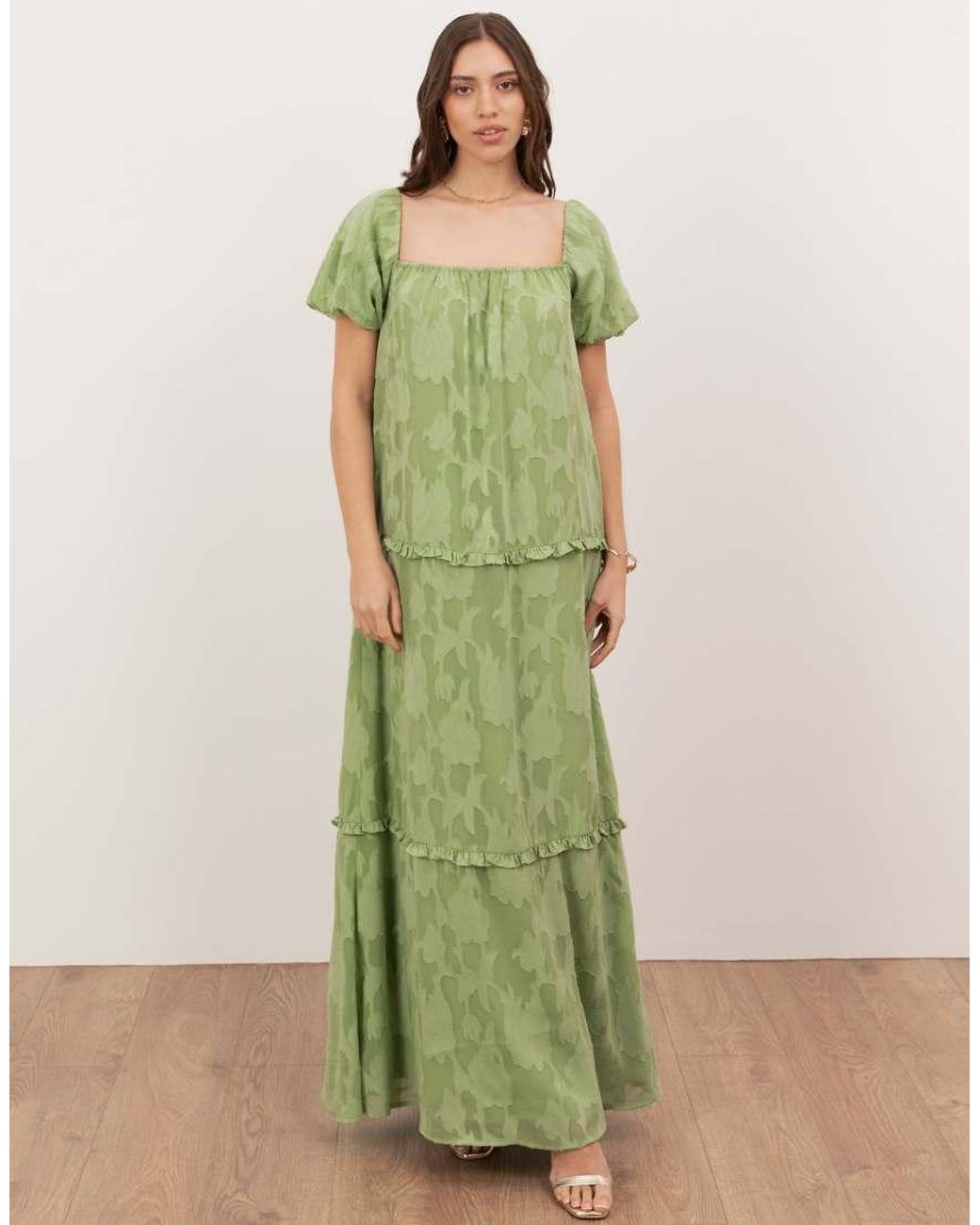 ANAYA Green Floral Burnout Short Sleeve Tiered Maxi Dress
