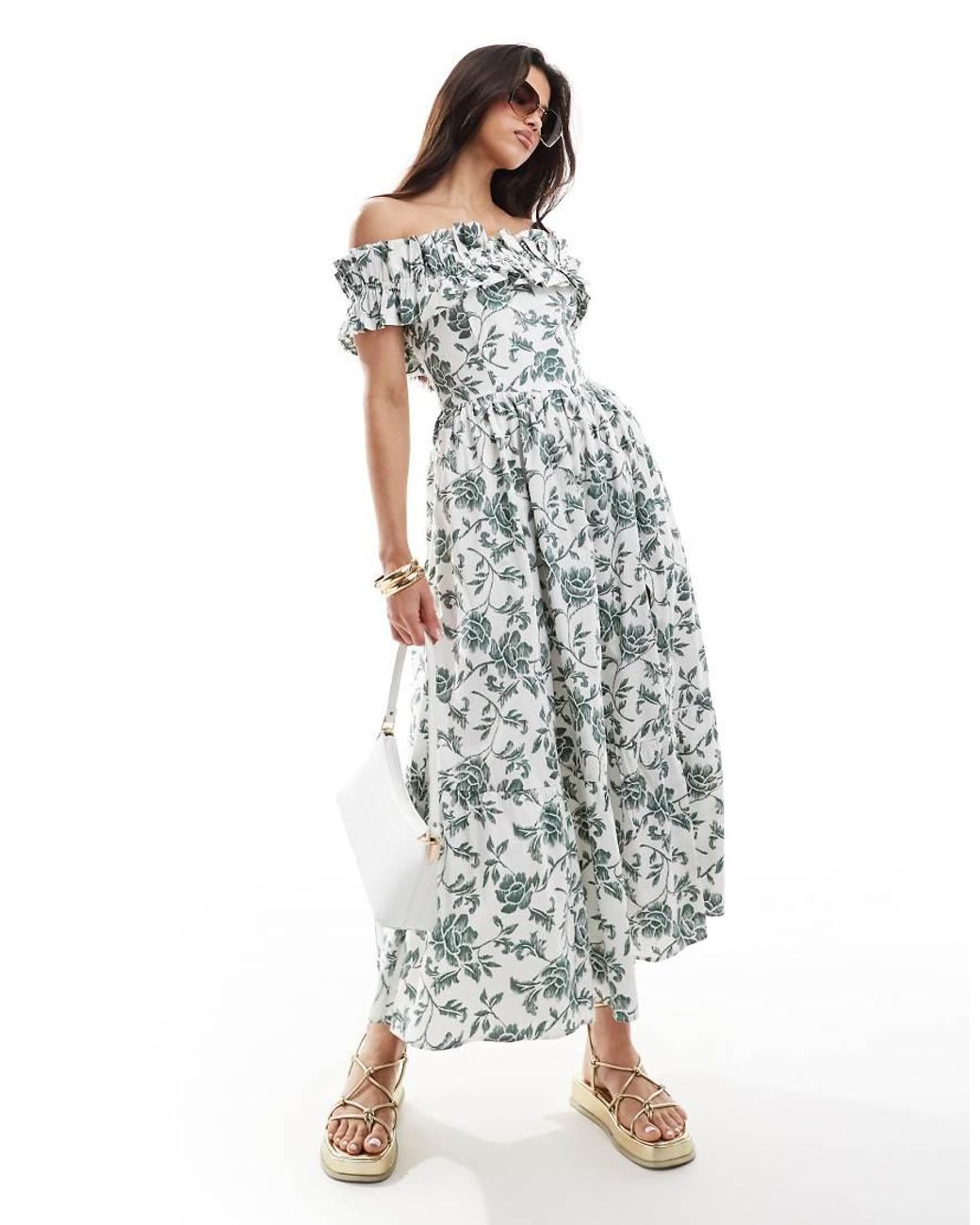 Abercrombie & Fitch Off The Shoulder Ruffle Midi Dress in White | Lyst UK