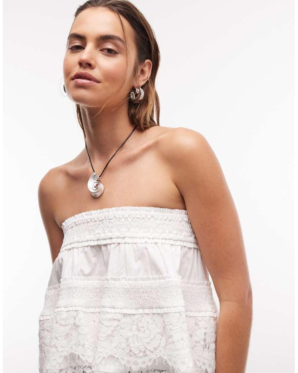 ASOS White Lace Hem Shirred Bandeau Top