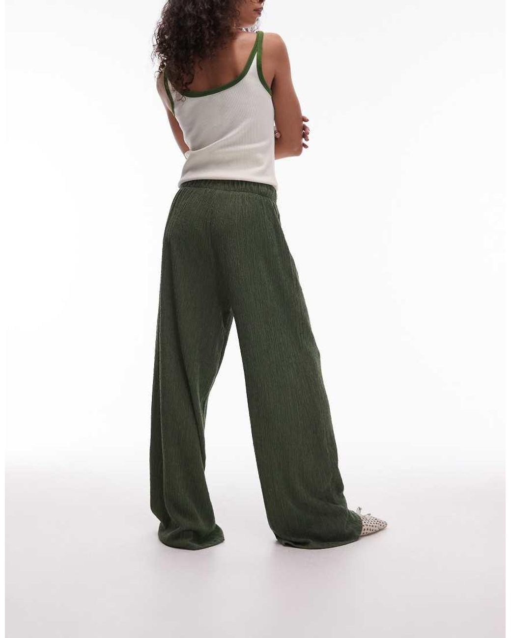 TOPSHOP Green Textured Wide Leg Trousers