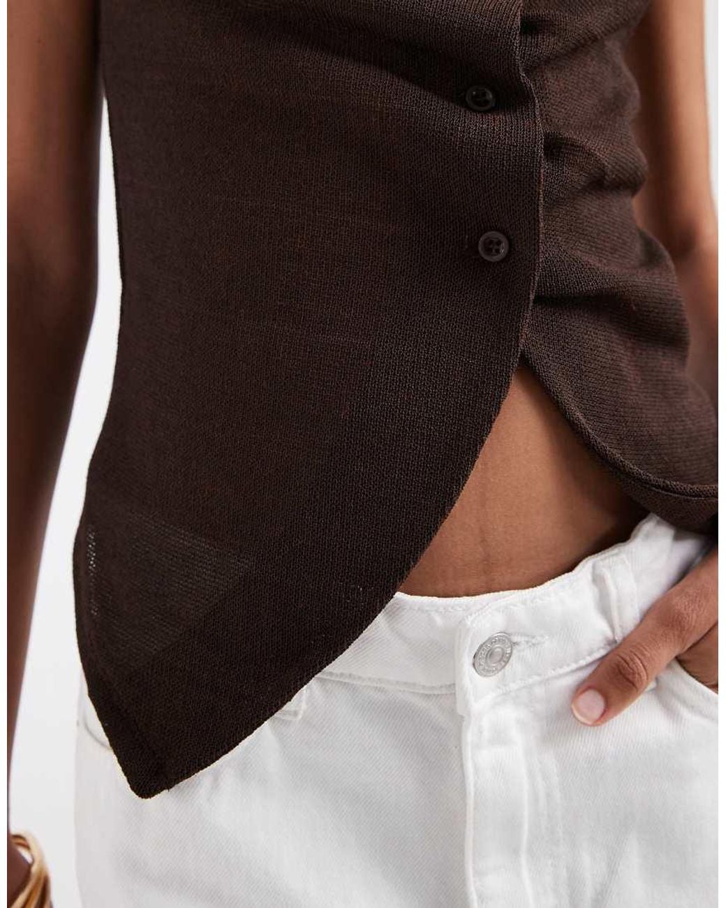JJXX Brown Ruched Knit Button Top