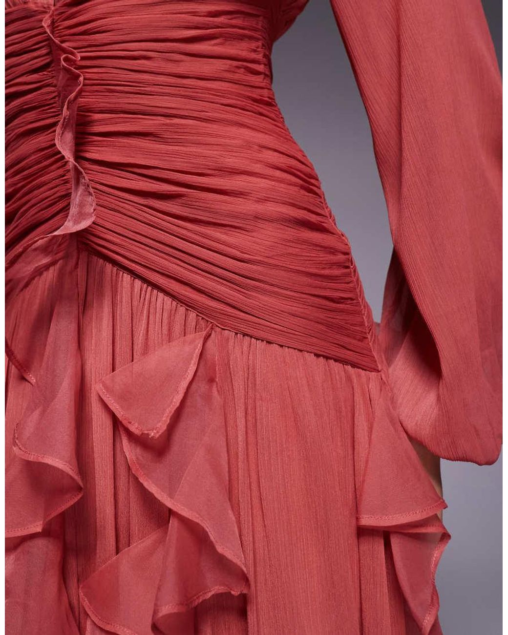 ASOS Red Ruched Long Sleeve Maxi Dress With Waterfall Detail