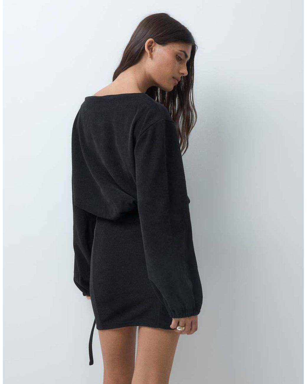 ASOS Black Soft Cord Slash Neck Belted Mini Dress