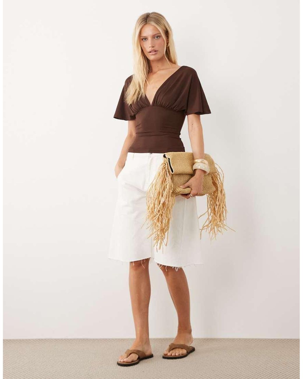 ASOS Natural Polyamide Plunge Sleeveless Tie Back Cinch Top