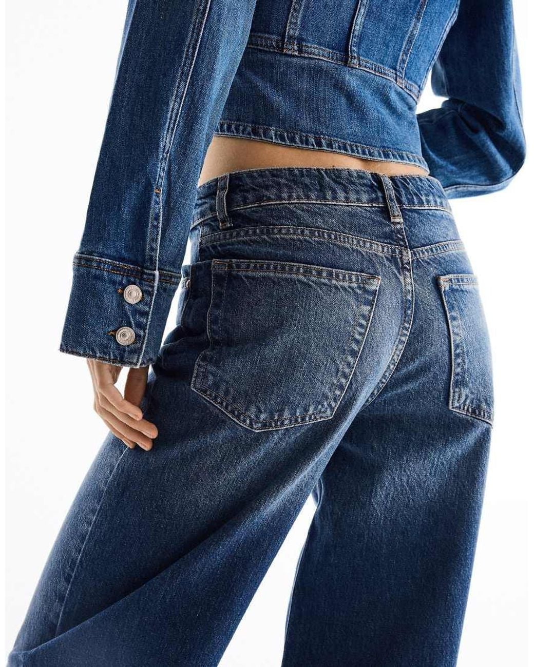 Bershka Blue High-waist Wide-leg Ripped Jeans