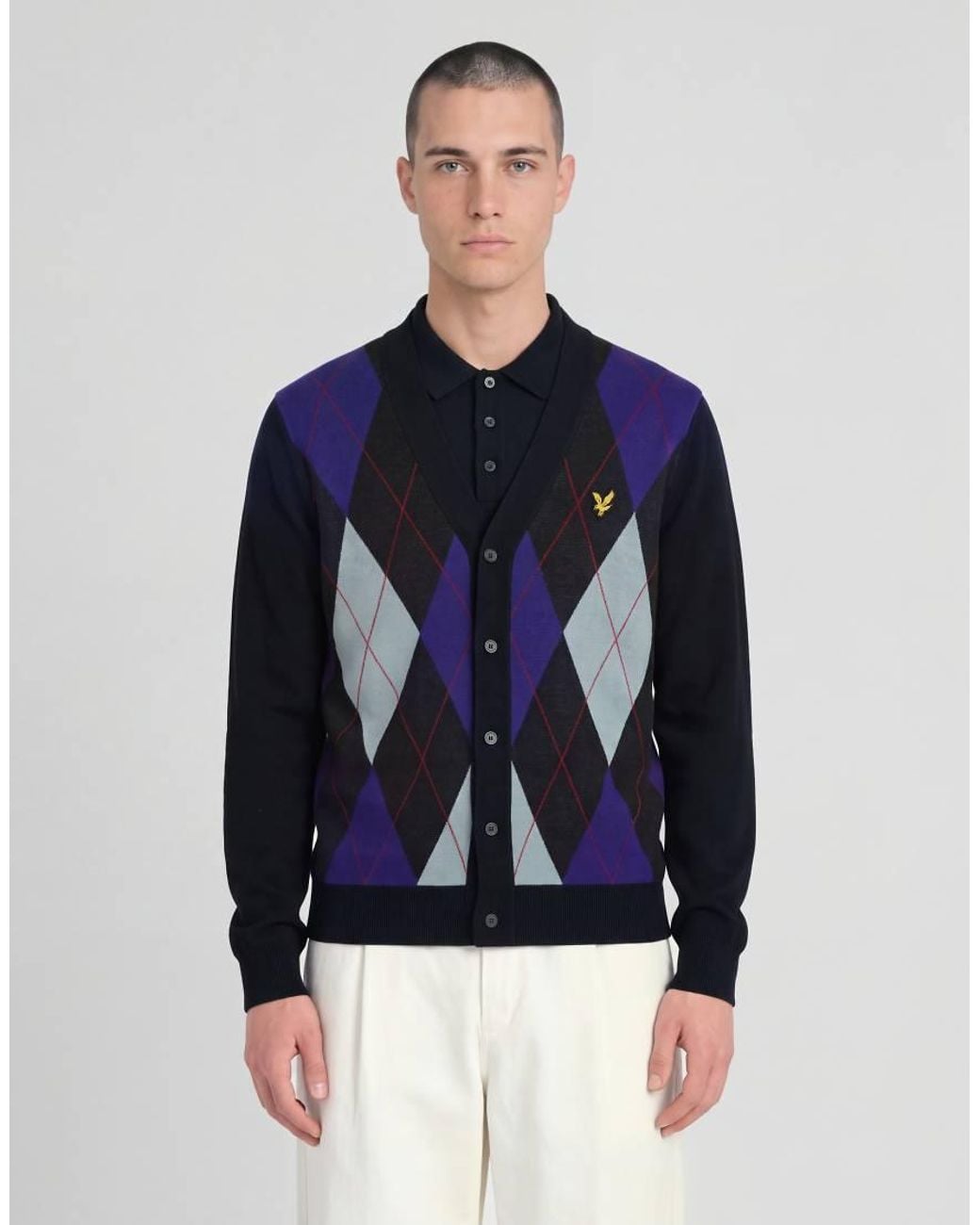 Lyle & Scott Blue Mid Knits Argyle Knitted Classic Cardigan for men