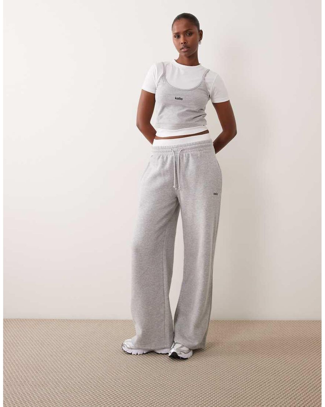 Kaiia Natural Cotton Rich Embroidered Logo Detail Double Waistband Wide Leg Jogger Co-Ord