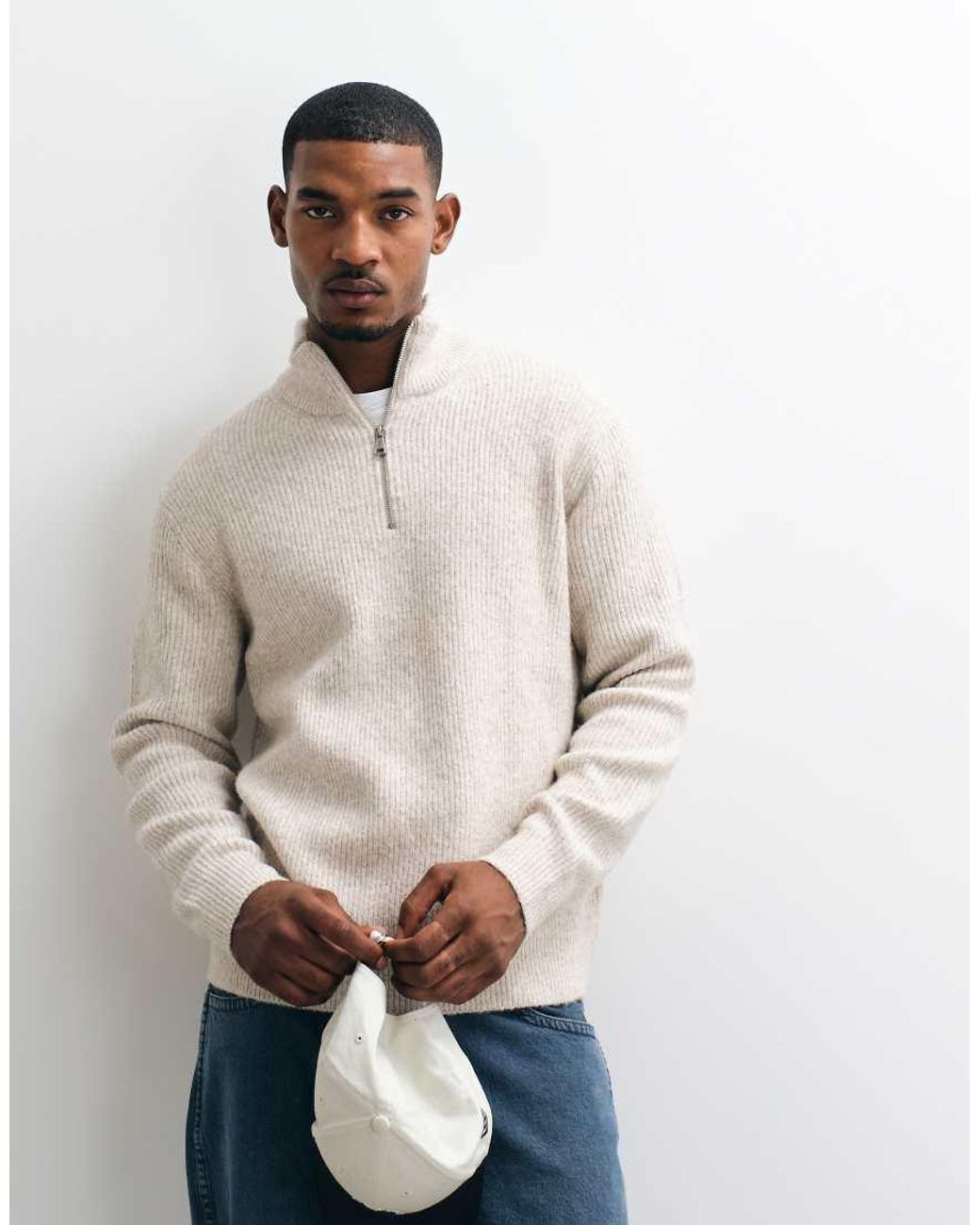 Jack & Jones Natural Oversized Fluffy Half Zip Jumper for men