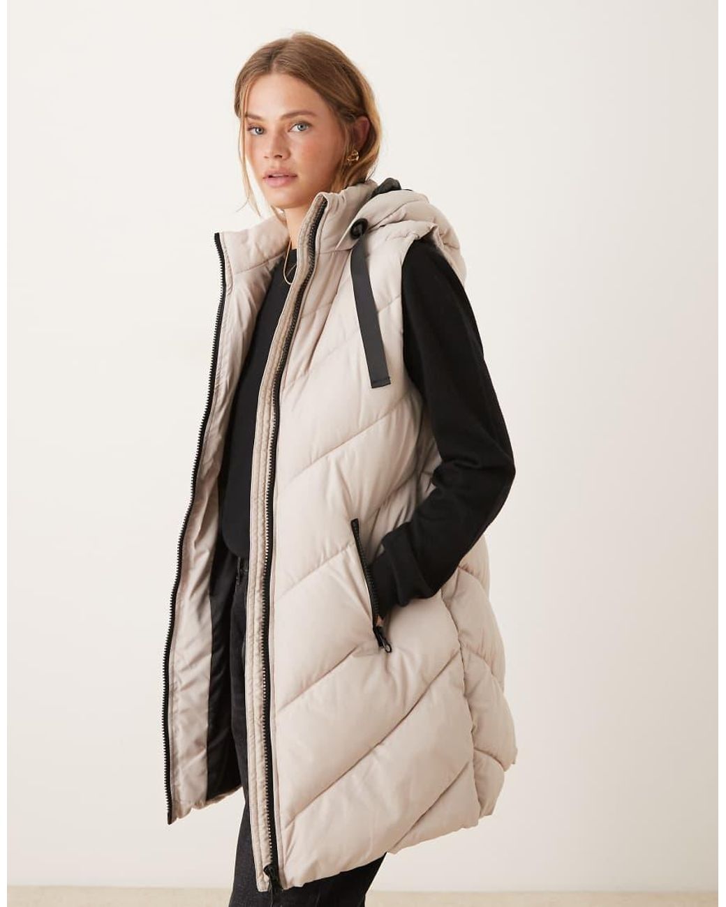 Jdy Natural Chevron Padded Longline Hooded Gilet