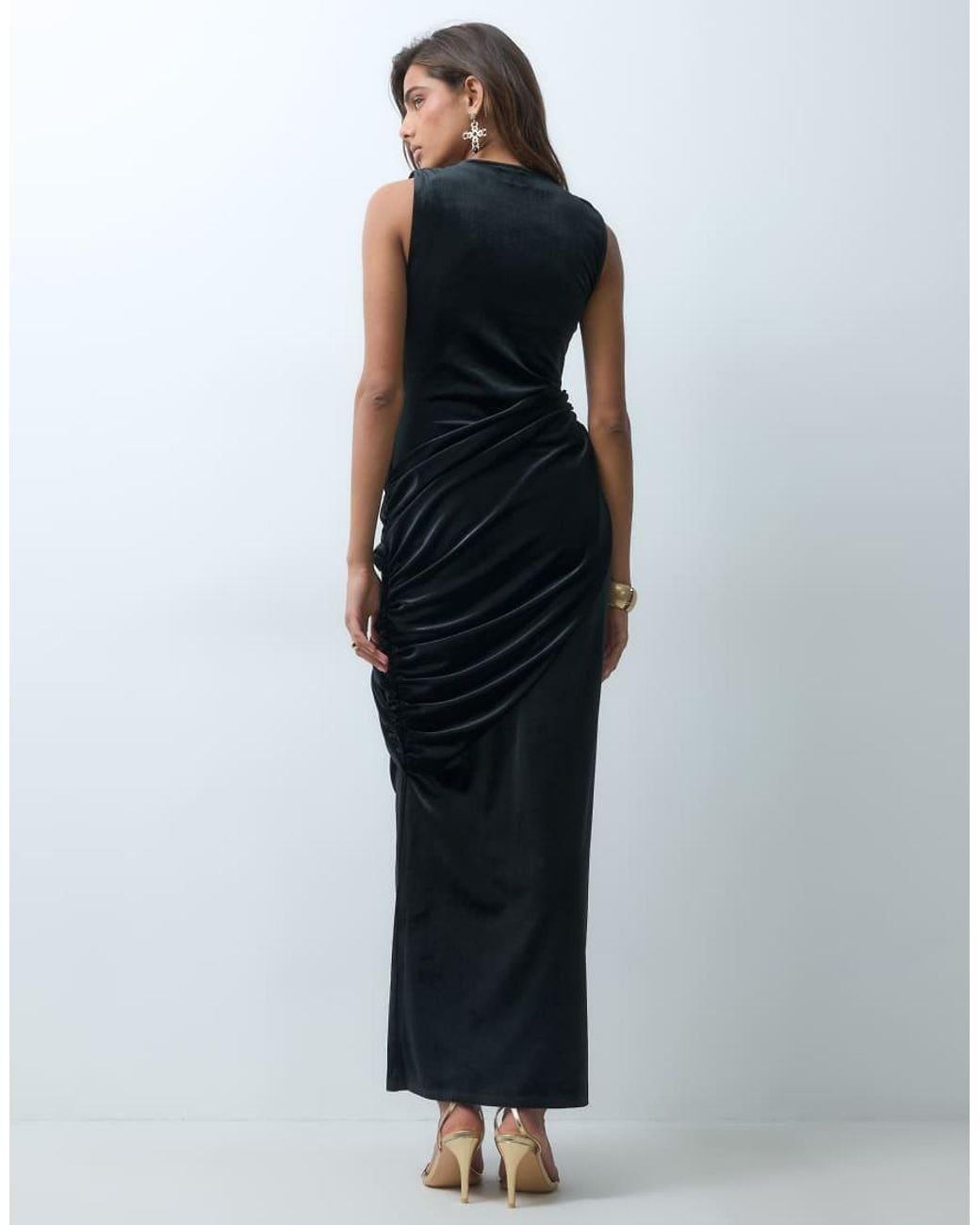 ASOS Black Velvet Plunge Neck Gather Detail Maxi Dress