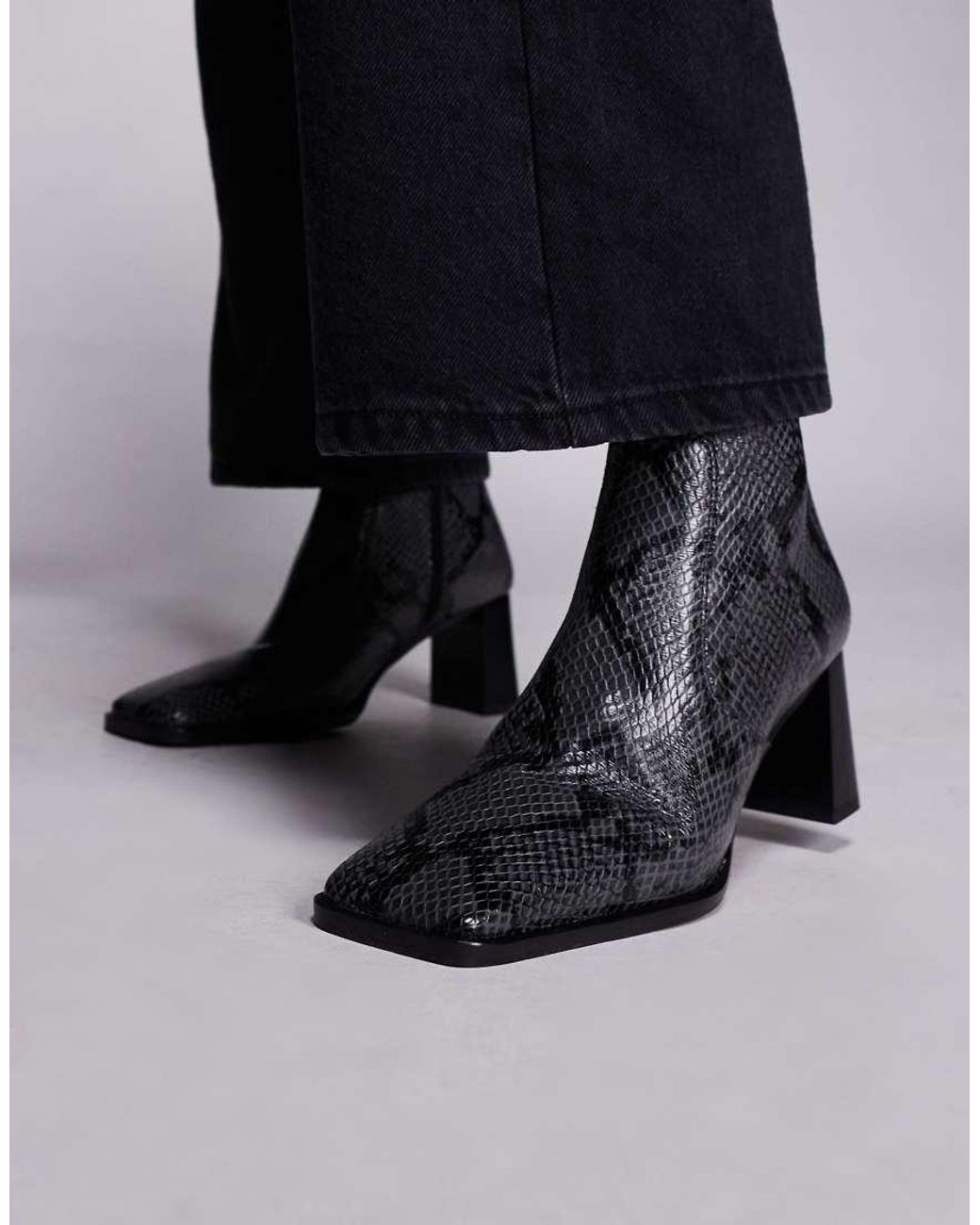 ASOS Black Ramona Leather Square Toe Heeled Ankle Boots