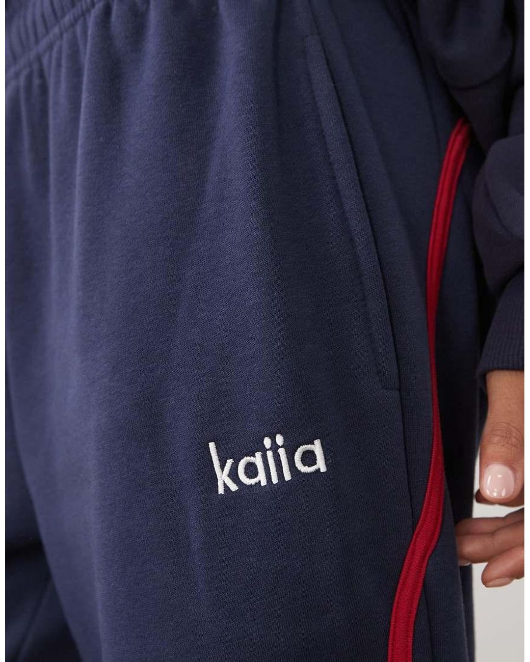 Kaiia Blue Cotton Rich Embroidered Logo Detail Side Stripe Wide Leg Joggers Co-Ord