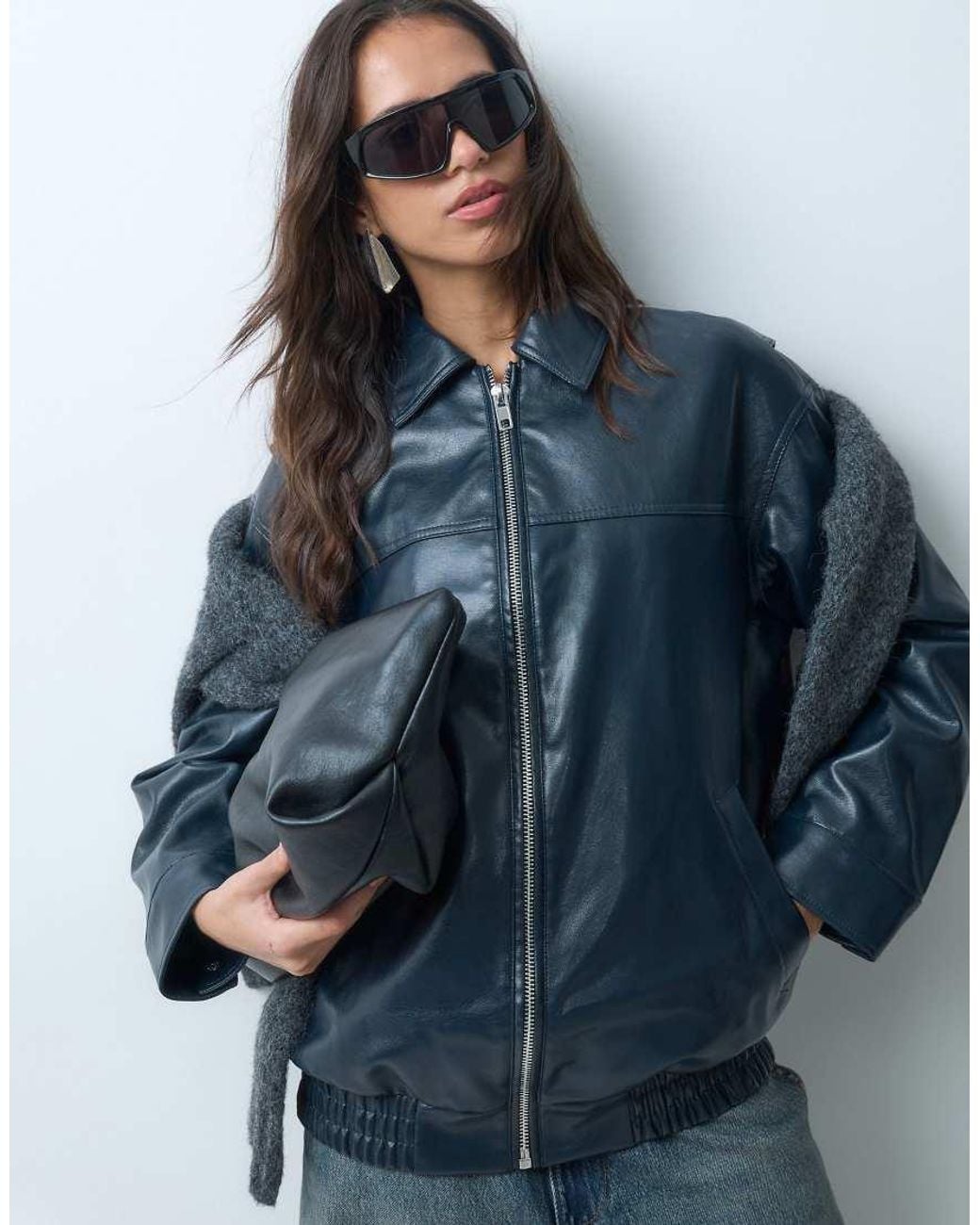 New Look Blue Bubble Hem Faux Leather Jacket