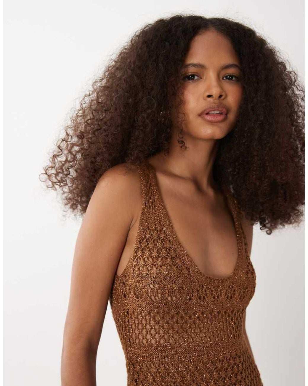 River Island Brown Metallic Fringed Asymmetric Knitted Midi Dress